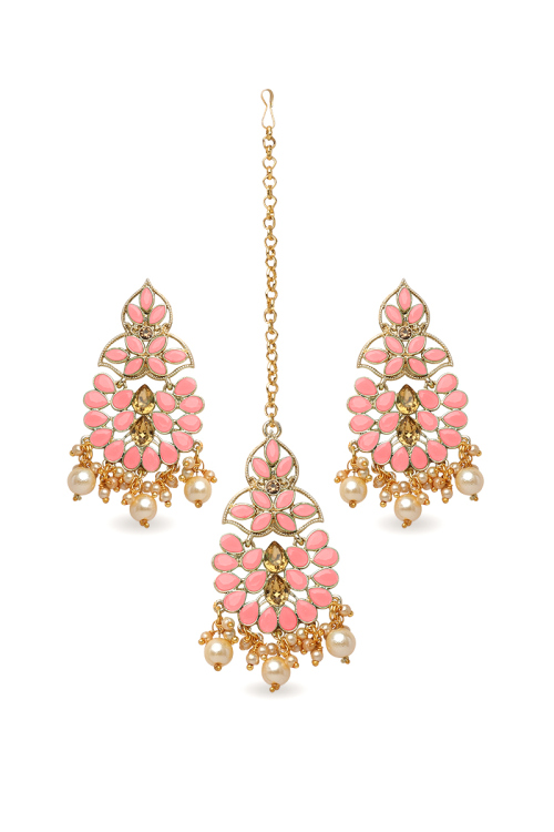 Light Pink and Gold Color Stone Studded Earrings with Maangtika