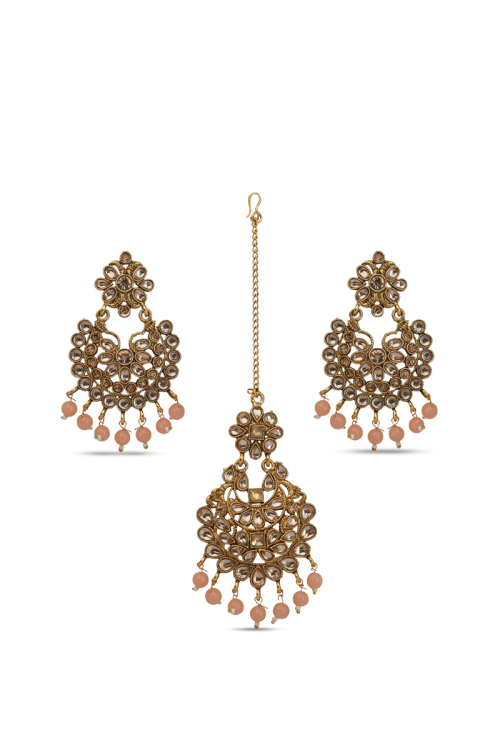 Champagne Gold Plated Kundan Earrings with Maang Tikka Set