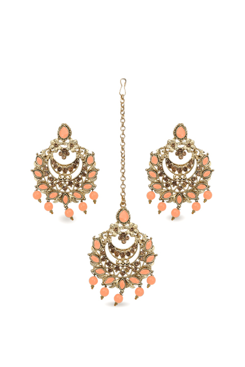 Peach Color Stone Pearl Chandbali Earrings with Maang Tikka Set