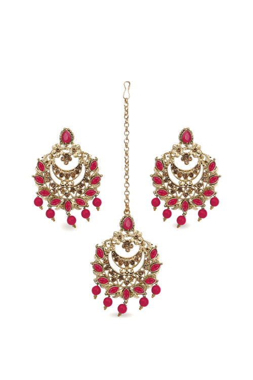 Ruby Pink Stone Pearl Chandbali Earrings with Maang Tikka Set