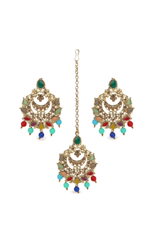 Multicolor Stone Pearl Chandbali Earrings with Maang Tikka Set