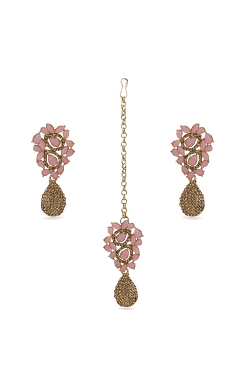  Gold Plated Stone Studded Earrings with Maangtika Set