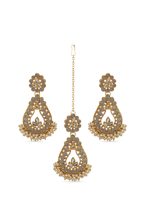  Stone Studded Drop Beads Earring with Maangtika