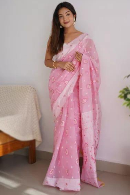 Kora Silk Pink Woven Zari Light Weight Saree