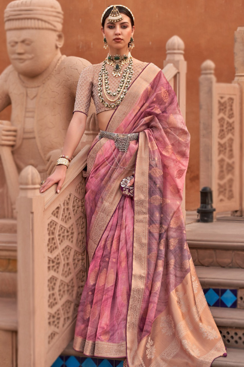 Kora Silk Rose Pink Broad Border Woven Zari Saree