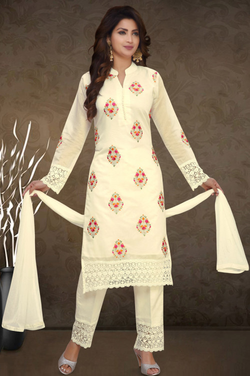 Lace Embroidered Chanderi Off White Trouser Suit