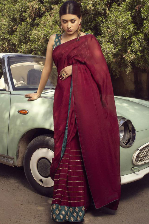Lace Embroidered Organza Maroon Saree