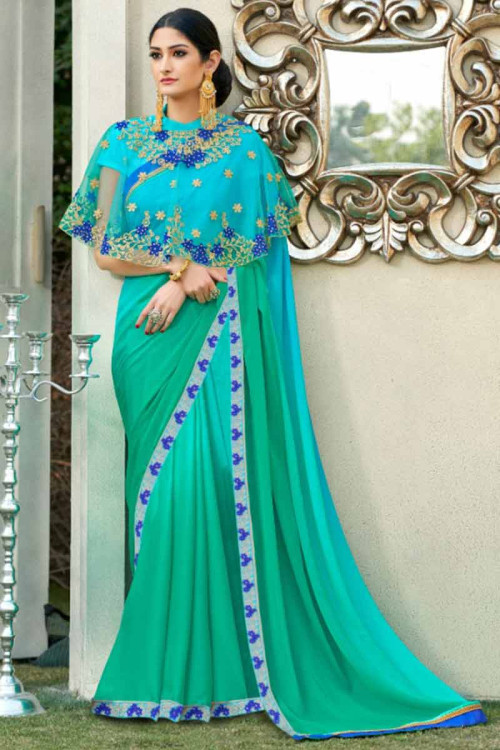 Lace Embroidered Chiffon Turquoise Blue And Persian Green Saree