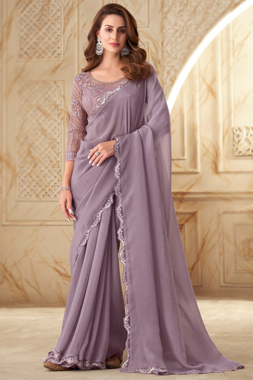 Lace Embroidered Georgette Dusty Purple Saree