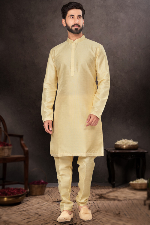 Lace Embroidered Light Yellow Dupion Silk Men's Kurta Pajama