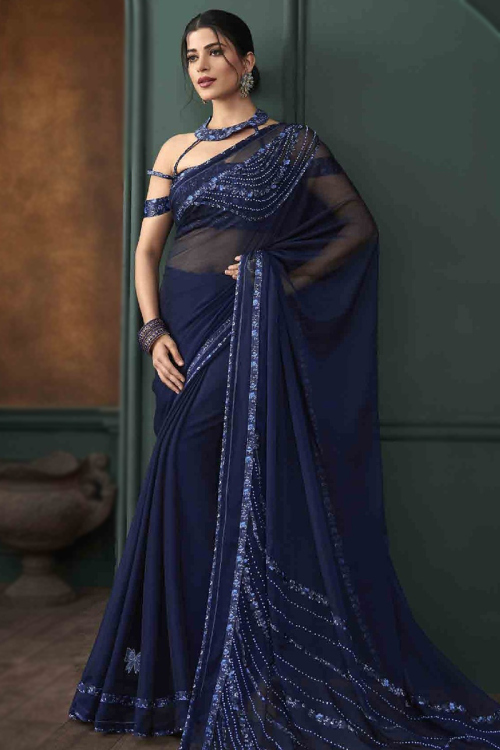 Lace Embroidered Navy Blue Georgette Light Weight Saree