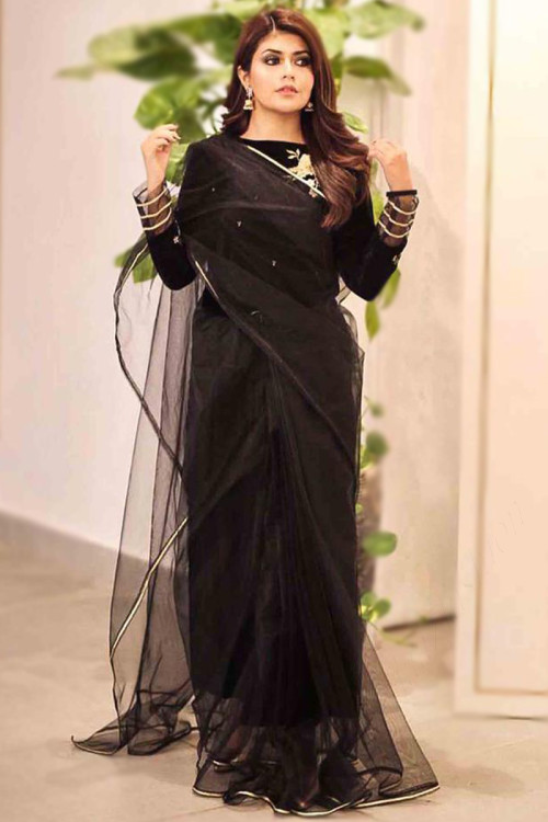 Lace Embroidered Net Black Party Wear Saree