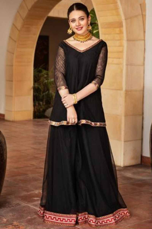 Lace Embroidered Net Black Sharara Suit