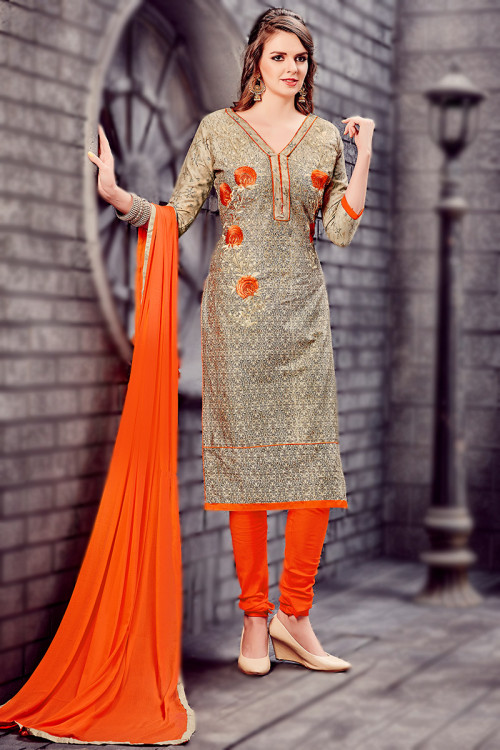 Lace Embroidered Oat Beige Straight Cut Churidar Suit 