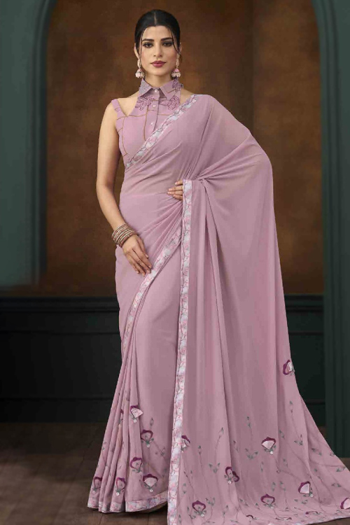 Lace Embroidered Pastel Pink Georgette Light Weight Saree