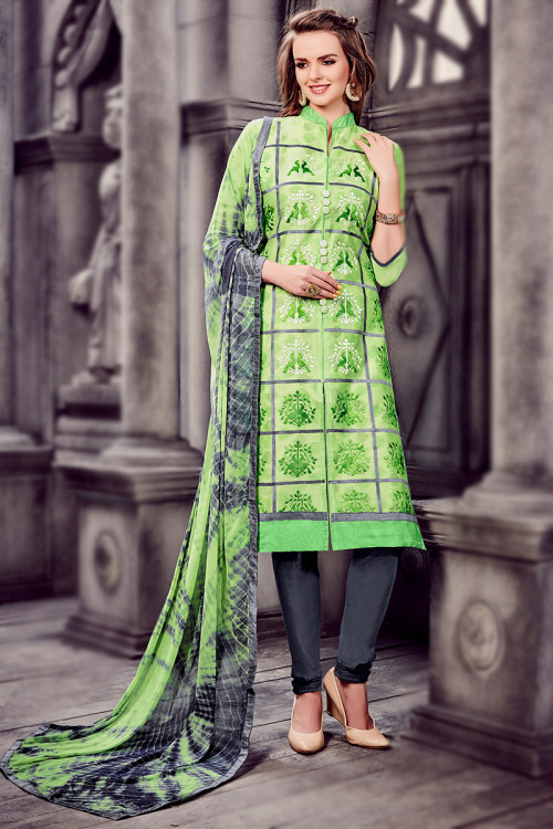 Lace Embroidered Pistachio Green Front Slit Churidar Suit 