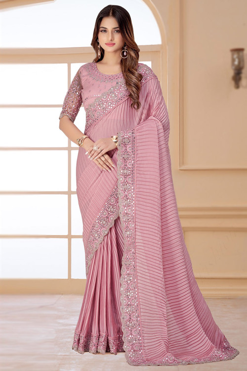 Lace Embroidered Pleated Silk Thulian Pink Saree