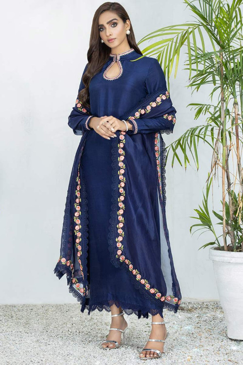 Blue Silk Printed Salwar Kameez with Dupatta - SK153157