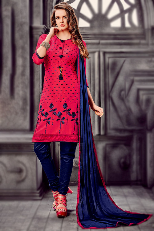 Lace Embroidered Ruby Red Straight Cut Churidar Suit 