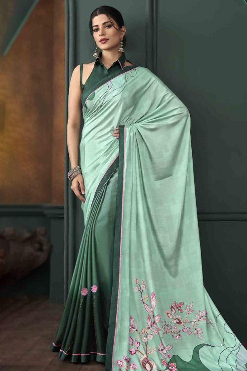 Lace Embroidered Seafoam Green Satin Light Weight Saree