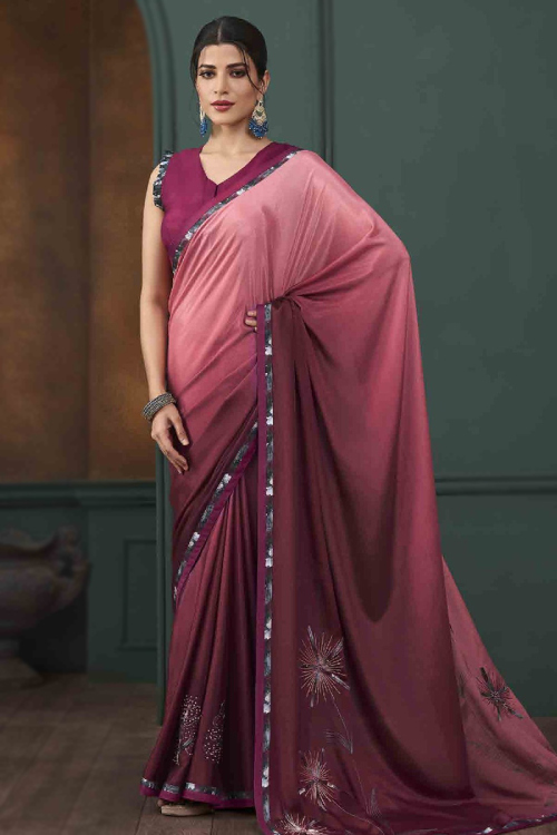 Lace Embroidered Wine Maroon Satin Ombre Saree