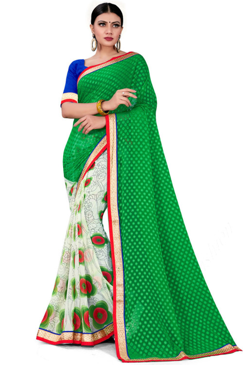 Party Wear Printed Saree in Georgette Green