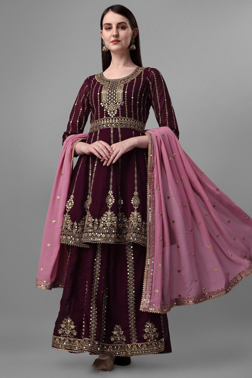 Latest Dark Wine Maroon Sequins Embroidered Lehenga Choli