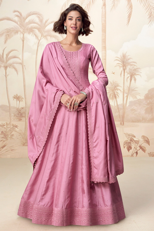 Lavender Pink Art Silk Anarkali Suit With Dori Work