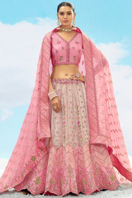 Lavender Pink Art Silk Lehenga With Zari Work For Weddings