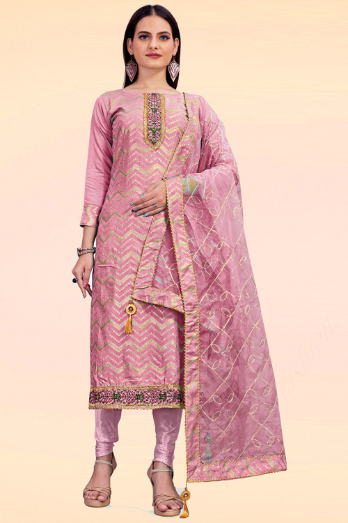 Patch Work Lavender Pink Churidar Suit in Chanderi for Party 