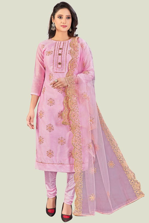 Chanderi Pastel Pink Sequins Work Party Wear Churidar Suit