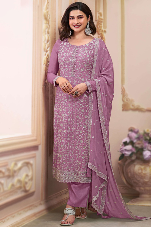 Lavender Pink Chinnon Sequins Embroidered Straight Cut Suit