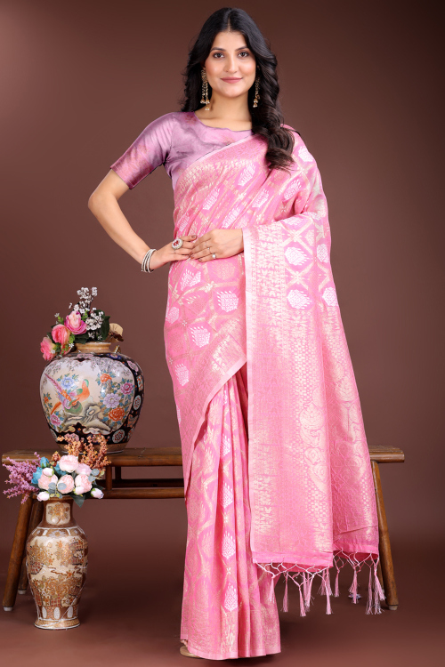 Lavender Pink Cotton Weaved Saree For Festival 
