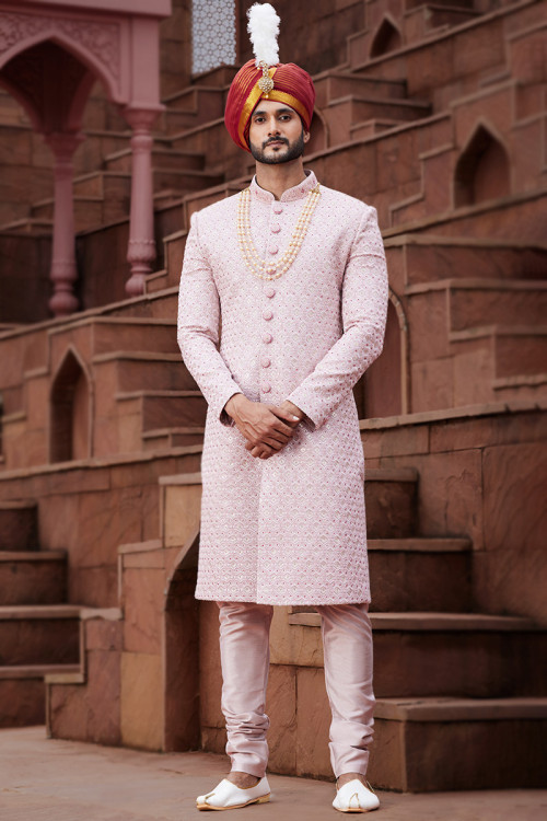Lavender Pink Dabka Embroidered Silk Men's Sherwani For Wedding 