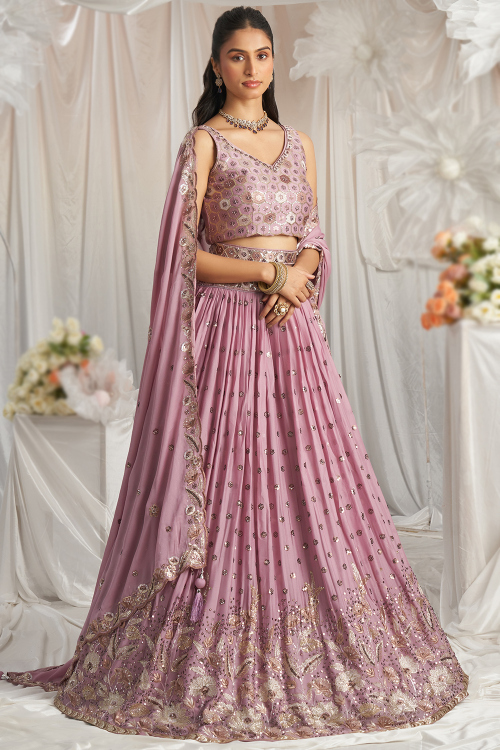 Lavender Pink Embroidered Georgette Flared Style Lehenga 