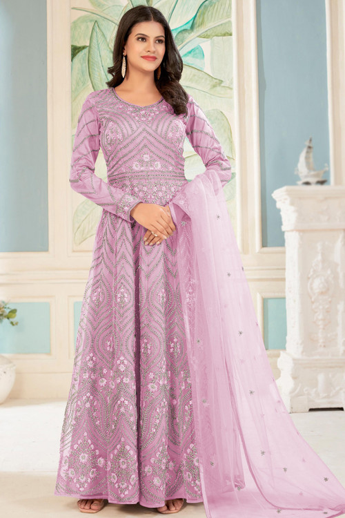 Lavender Pink Embroidered Net A-line Anarkali Suit