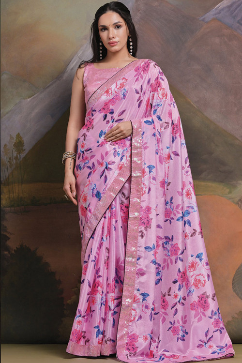 Lavender Pink Floral Printed Chinnon Saree 