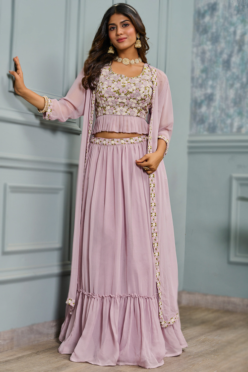 Lavender Pink Georgette Embroidered Flared Style Lehenga