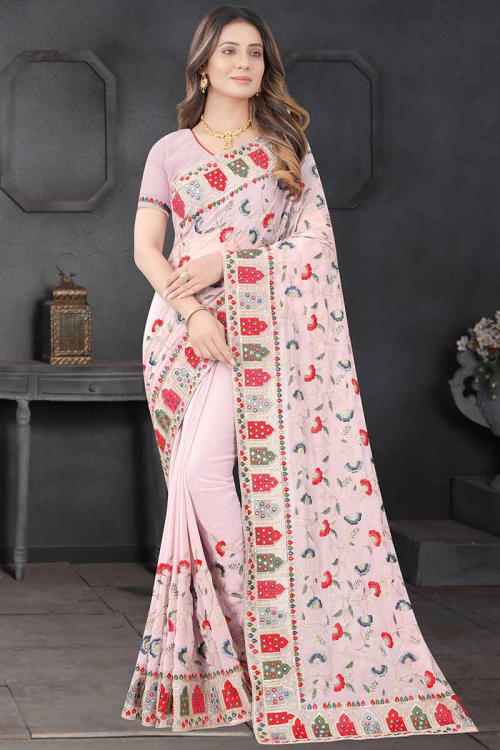 Pale Pink Georgette Embroidered Indian Wear Saree
