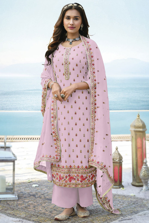 Lavender Pink Georgette Embroidered Palazzo Suit
