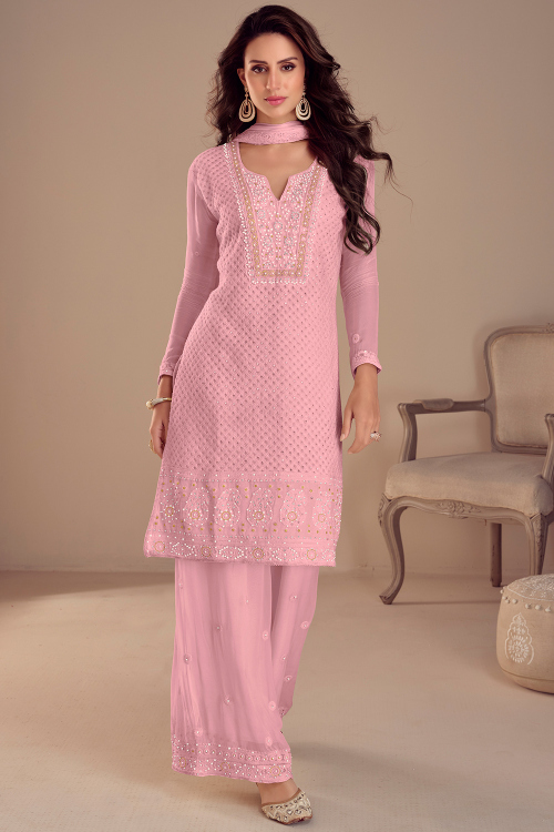 Lavender Pink Georgette Palazzo Suit With Zari Work 