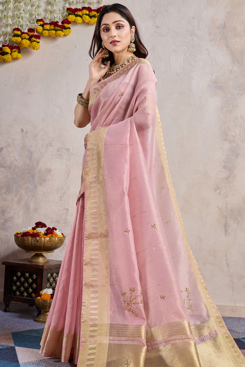 Lavender Pink Kora Silk Saree with Woven Zari Work for Diwali Wear