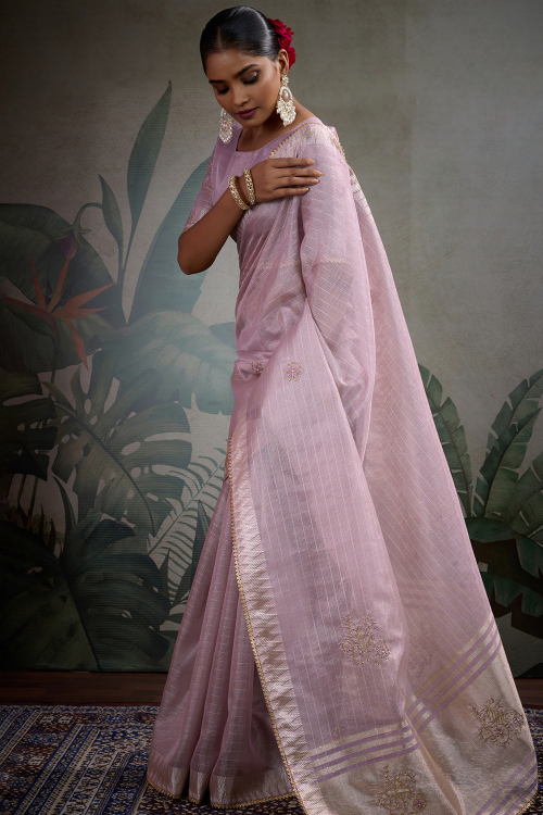 Lavender Pink Kora Silk Saree With Zari Work For Diwali