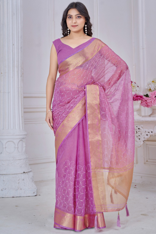 Lavender Pink Kora Silk Saree With Zari Work For Diwali