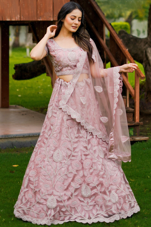 Lavender Pink Net Embroidered A Line Lehenga