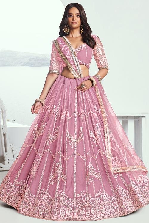 Lavender Pink Net Embroidered Flared Style Lehenga 