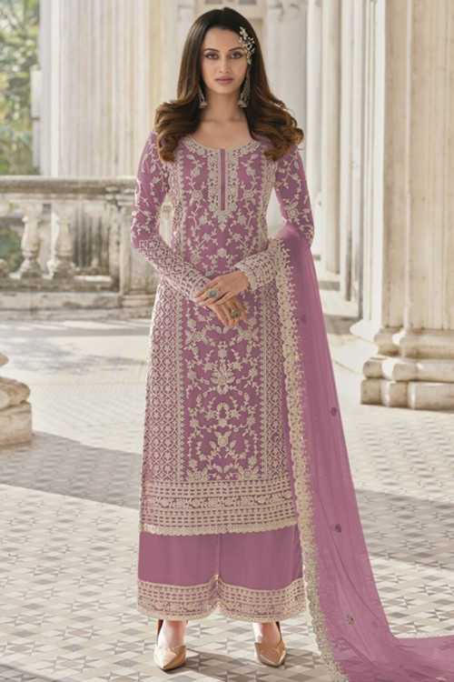 Lavender Pink Net Embroidered Palazzo Suit
