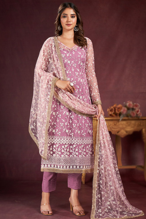 Lavender Pink Net Embroidered Straight Cut Trouser Suit