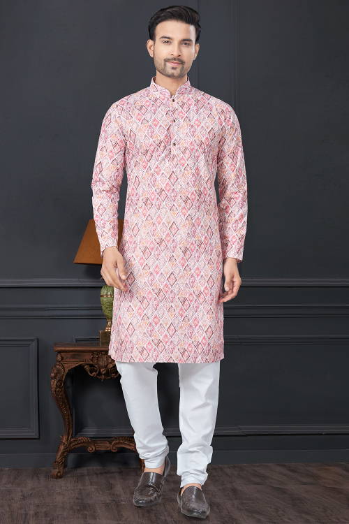 Lavender Pink Rayon Straight Cut Printed Men's Kurta Churidar