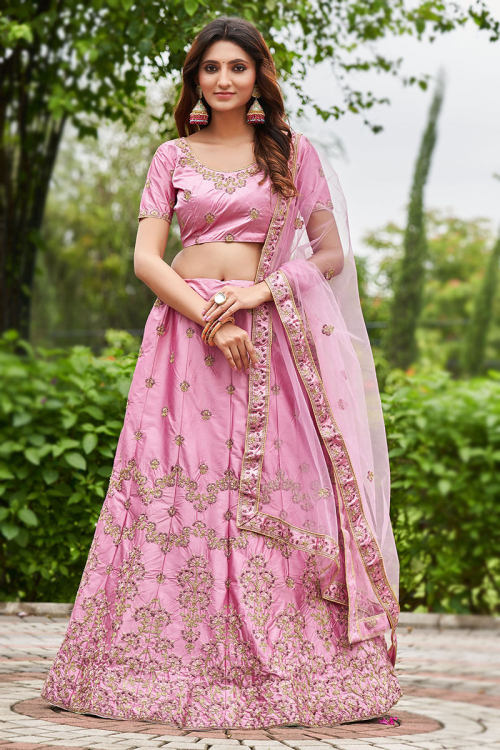 Lavender Pink Satin Silk Embroidered Panelled Style Lehenga